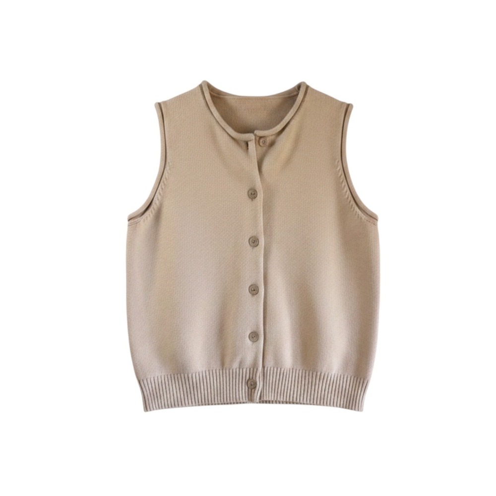 Tan Vintage Knit Sleeveless Button Front Crew Neck Vest Beige Minimalist